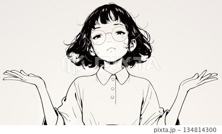 肩をすくめて困惑・諦めの仕草をしている若い女性（シンプルな色使い）