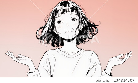 肩をすくめて困惑・諦めの仕草をしている若い女性（シンプルな色使い）