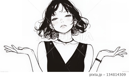 肩をすくめて困惑・諦めの仕草をしている若い女性（シンプルな色使い）