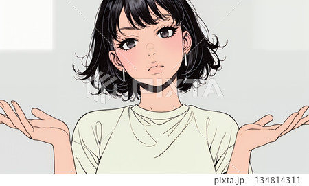 肩をすくめて困惑・諦めの仕草をしている若い女性