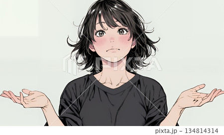 肩をすくめて困惑・諦めの仕草をしている若い女性