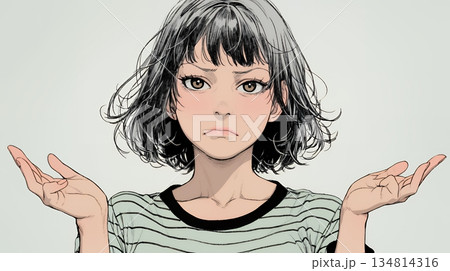 肩をすくめて困惑・諦めの仕草をしている若い女性