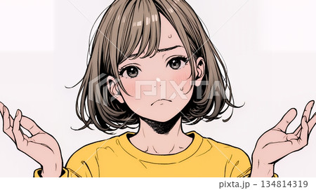 肩をすくめて困惑・諦めの仕草をしている若い女性