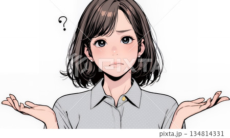 肩をすくめて困惑・諦めの仕草をしている若い女性