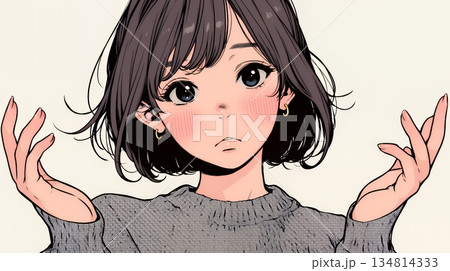 肩をすくめて困惑・諦めの仕草をしている若い女性