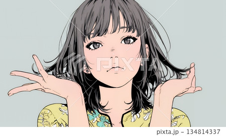 肩をすくめて困惑・諦めの仕草をしている若い女性