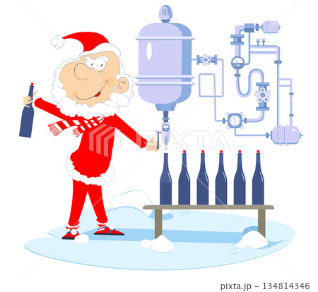 Pipe construction and Santa Claus bottles alcoholic beverages illustration. Pipe construction and smiling worker bottles wine, beer, whiskey or champagne isolated on white 134814346