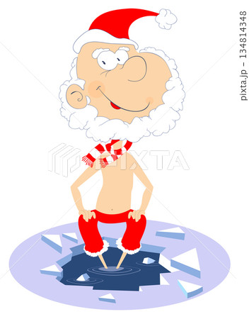 Santa Claus winter swimming illustration. Santa Claus sitting on the edge of the ice hole and puts legs into the water isolated in white	 134814348