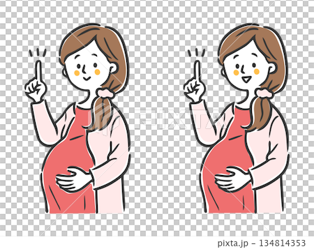 一位微笑的孕婦指向前方的向量插圖 134814353