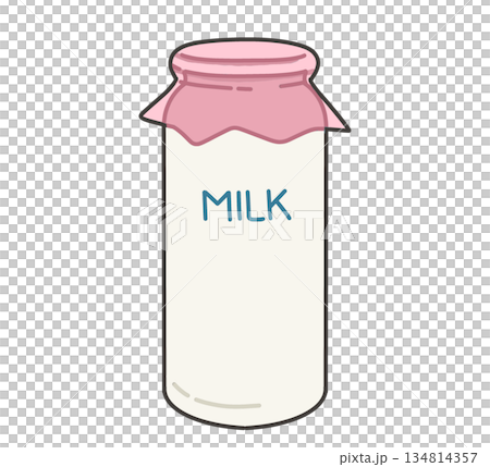 Illustration of a milk bottle with a pink lid 134814357
