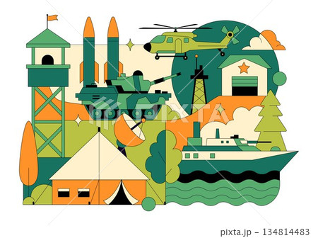 Military Army Forces Vector Illustration Featuring Soldiers, Weapons, Tanks, Heavy Protective Equipment In Flat Style Cartoon Background 134814483
