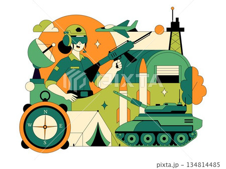 Military Army Forces Vector Illustration Featuring Soldiers, Weapons, Tanks, Heavy Protective Equipment In Flat Style Cartoon Background Military Army Forces Vector Illustration Featuring Soldiers, Weapons, Tanks, Heavy Protective Equipment In Flat Style Cartoon Background 134814485