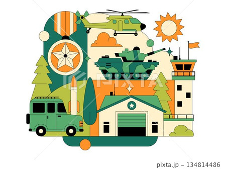 Military Army Forces Vector Illustration Featuring Soldiers, Weapons, Tanks, Heavy Protective Equipment In Flat Style Cartoon Background 134814486