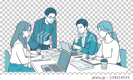 真剣に議論するビジネスチームの会議イラスト　企画・検討・問題解決（AI制作） 134814535