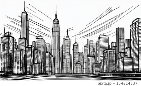 高層ビル群のシンプルな線画イラスト 134814537