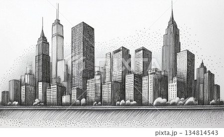 高層ビル群のシンプルな線画イラスト 高層ビル群のシンプルな線画イラスト 134814543