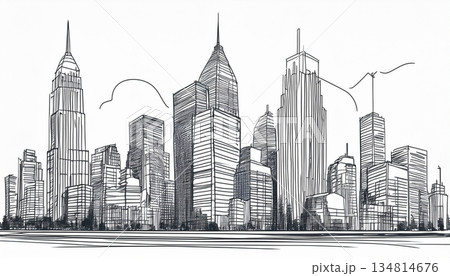 高層ビル群のシンプルな線画イラスト 高層ビル群のシンプルな線画イラスト 134814676