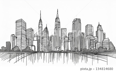 高層ビル群のシンプルな線画イラスト 134814680