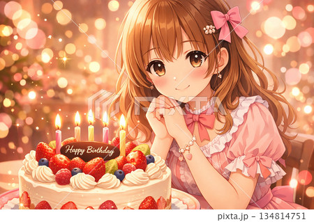 誕生日ケーキとキャンドルの前で微笑むアニメ美少女　バースデーを祝う可愛いイラスト 134814751