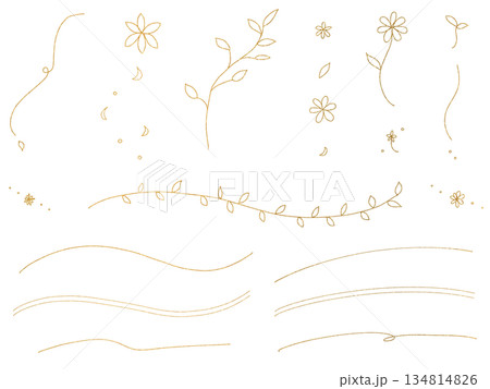 シンプルな花と葉:金色の線画イラストセット シンプルな花と葉:金色の線画イラストセット 134814826