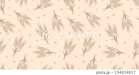 Vector seamless pattern with agricultural wheat and grain ears. Background bread or beer packaging, farming, organic food concepts. Vector seamless pattern with agricultural wheat and grain ears. Background bread or beer packaging, farming, organic food concepts. 134814917