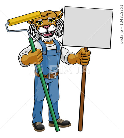 Wildcat Painter Decorator Paint Roller Mascot Man Wildcat Painter Decorator Paint Roller Mascot Man 134815251