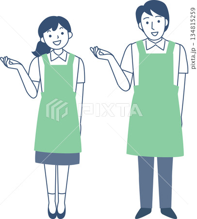 エプロンを着けて案内する若い女性と男性 エプロンを着けて案内する若い女性と男性 134815259