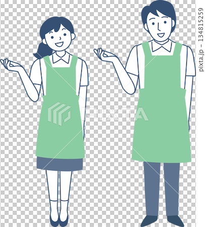 エプロンを着けて案内する若い女性と男性 エプロンを着けて案内する若い女性と男性 134815259