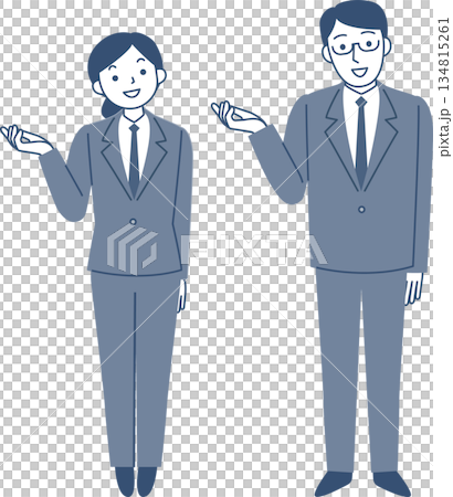 一位年輕女子和一位穿著西裝的男子正在指路 134815261