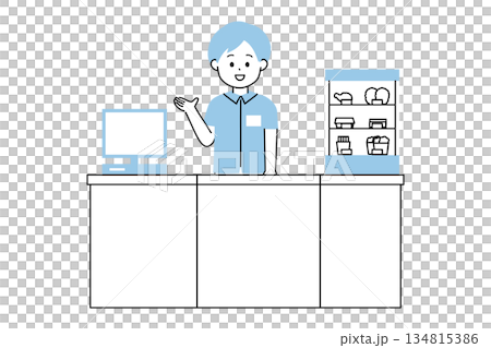 一幅極簡風格的插圖,描繪了一位便利商店男店員為顧客服務。 一幅極簡風格的插圖,描繪了一位便利商店男店員為顧客服務。 134815386