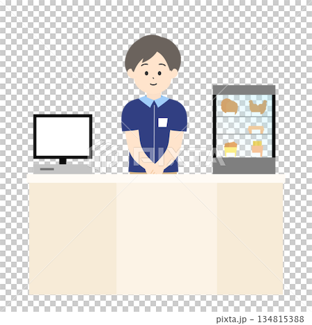 笑顔でレジに立っている男性のコンビニ店員 134815388