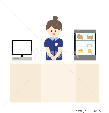 笑顔でレジに立っている女性のコンビニ店員 134815389