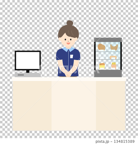 笑顔でレジに立っている女性のコンビニ店員 134815389