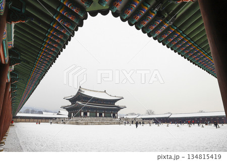 Gyeongbokgung palace covered in snow. Seoul. South Korea. 134815419