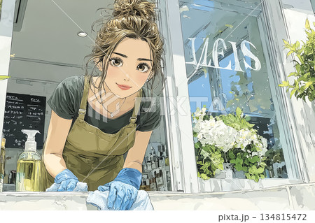 開店前に窓掃除をするサロン女性スタッフのイラスト 開店前に窓掃除をするサロン女性スタッフのイラスト 134815472