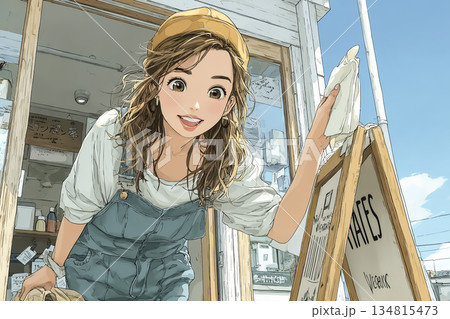 サロンの看板を掃除する明るい女性スタッフのイラスト 134815473