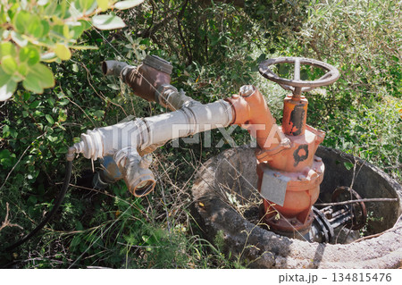 Water supply or irrigation system for an olive field in Crete, shut-off valve with a handwheel 134815476