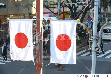 【日本の国旗】日の丸、表参道付近の街並み 【日本の国旗】日の丸、表参道付近の街並み 134815601