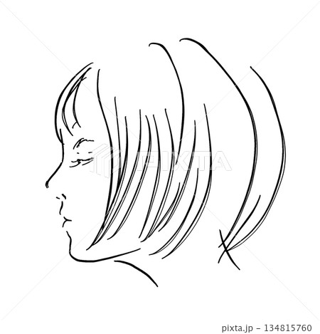 静かに目を閉じる女性の横顔 線画 ショートボブ 134815760