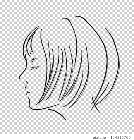 静かに目を閉じる女性の横顔 線画 ショートボブ 134815760