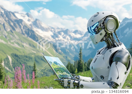 Robot artist creating a landscape painting in a vibrant outdoor setting surrounded by natural scenery and mountains 134816094