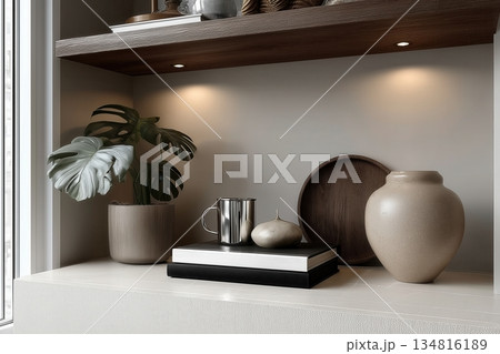 Cozy luxurious modern living room interior, elegant home decor in calm and neutral colors Cozy luxurious modern living room interior, elegant home decor in calm and neutral colors 134816189