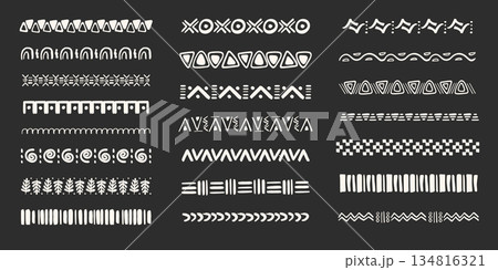 Set african tribal ethnic border, divider doodle hand drawn crayon from geometrical shapes isolated dark background. Boho motif scandinavian srtoke, traditional native decor. 134816321