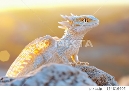 Majestic ancient dragon with iridescent scales perched on a mountain peak illuminated by golden sunlight Majestic ancient dragon with iridescent scales perched on a mountain peak illuminated by golden sunlight 134816405