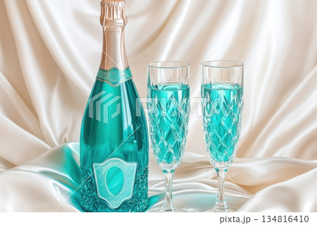 Luxurious turquoise sparkling wine with crystal glasses set on shimmering white silk 134816410
