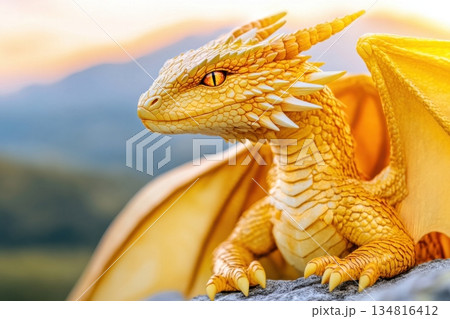 Majestic ancient dragon with iridescent scales perched on a mountain peak under golden sunlight Majestic ancient dragon with iridescent scales perched on a mountain peak under golden sunlight 134816412
