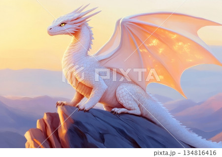Majestic ancient dragon with iridescent scales perches atop a mountain peak under golden sunlight showcasing its magnificent wings 134816416