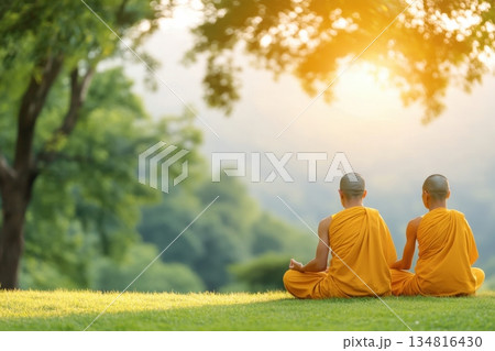 Group of Buddhist monks in saffron robes meditating in a serene forest clearing during soft morning light Group of Buddhist monks in saffron robes meditating in a serene forest clearing during soft morning light 134816430