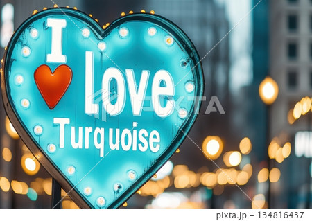 Vibrant neon turquoise I love Turquoise sign illuminating a modern urban street with a mesmerizing glow against a dark backdrop Vibrant neon turquoise I love Turquoise sign illuminating a modern urban street with a mesmerizing glow against a dark backdrop 134816437