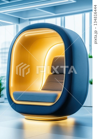 Futuristic nap pod designed for employee wellness in a modern office environment Futuristic nap pod designed for employee wellness in a modern office environment 134816444
